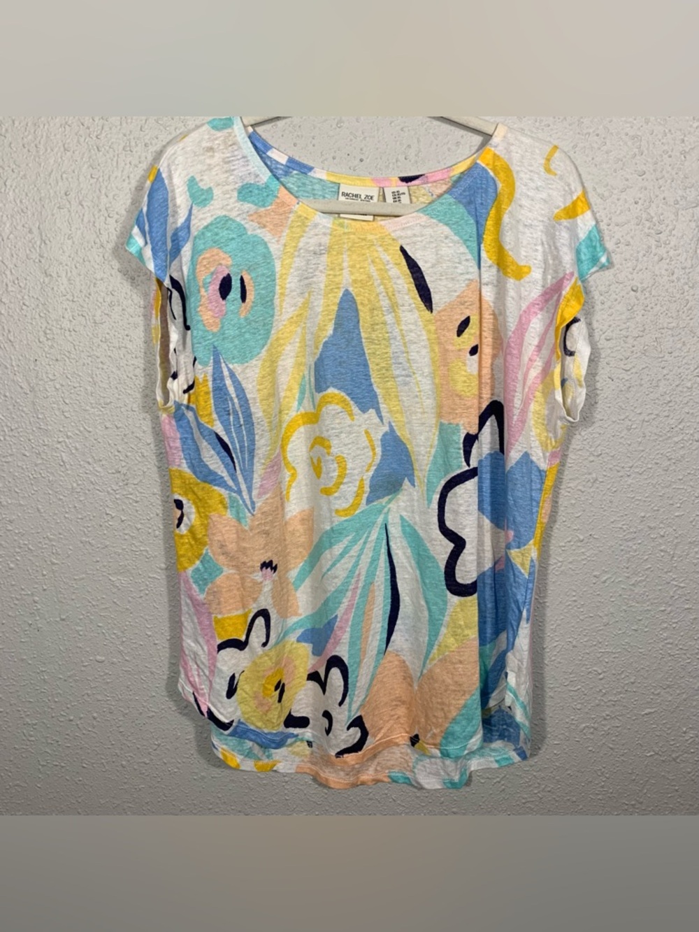 Rachel Zoe 100% Linen Pastel Abstract Print Scoop Neck Tee size XL
